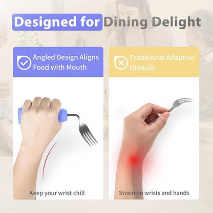 Adaptive Utensils Angled Knife and Fork for Hand Tremors Parkinsons,Weighted Utensils with Non-Slip Easy Grip Handles for Independent Eating (1pcs Straight Knife+1pcs Fork,Purple,Left Hand)