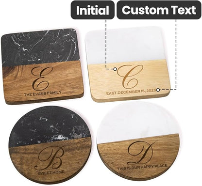 Personalized Glass Coaster Wood Marble Cup Coaster Custom Name and Text 4 Design Optional Gifts for Family