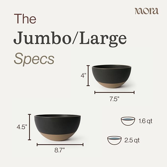 MORA Jumbo and Large Bowls Set of 2, 2.5 and 1.5 Qt Ceramic Pottery Mixing Bowls - Microwave and Dishwasher Safe - Liquorice