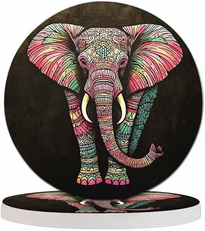 Tribal Elephant Table Coasters for Drinks Vintage Boho Colourful African Animal Isolate Portrait 100% Diatomite Home and Dining Room Bar Decor 4 X 4 X 0.35 Inch for Men Women