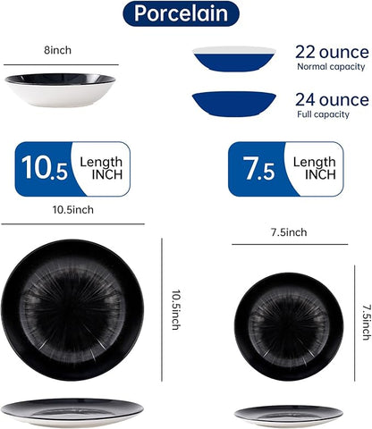 Bestone 12-Piece Round Porcelain Dinnerware Set, Service for 4, Chip Resistant Plates and Bowls, Starburst Turquoise Black, Dishwasher & Microwave Safe for Home Daily Use