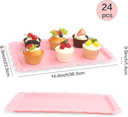 Plastic Serving Trays,24 Pack Rectangle Serving Platters Decorative Serving Trays Dessert Table Trays,15"x10" Rectangle Platters, Decorative Dessert Table Trays, Cake, Cookie Catering Tray (Pink)