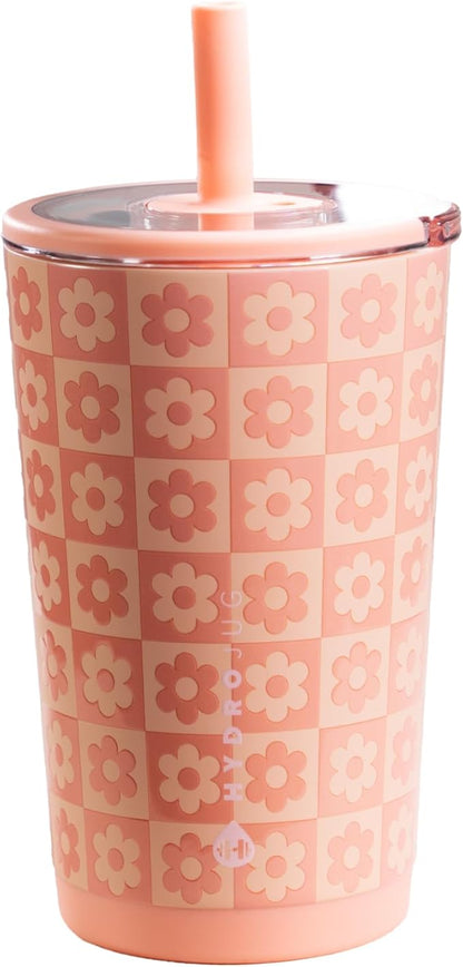 HydroJug Everyday Tumbler 14 oz – Ceramic-Lined Insulated Tumbler with Straw and Soft-Touch Lid, Cup Holder Friendly, Double-Wall Vacuum Insulation, Reusable Travel Cup – Daisy Checkers