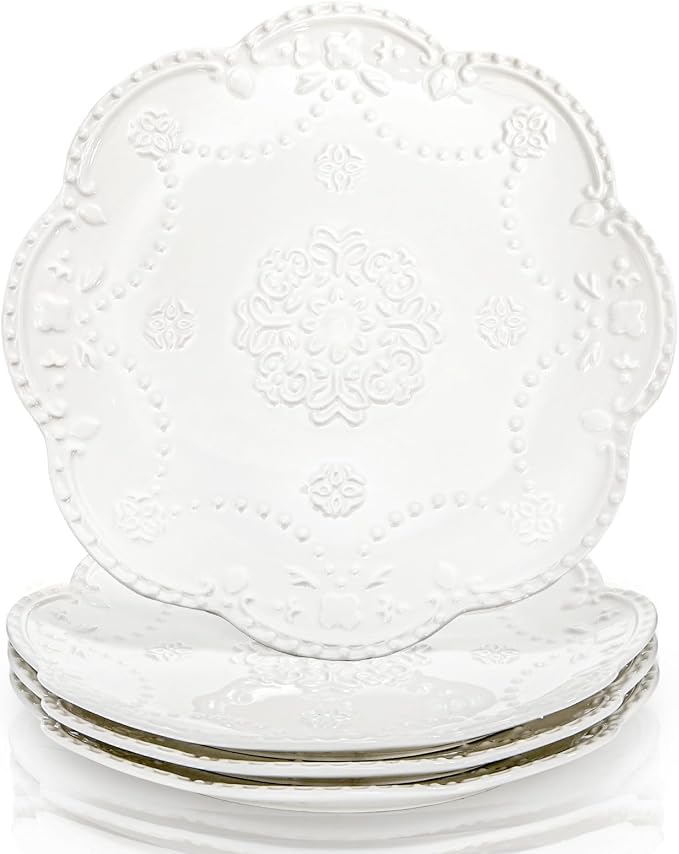 Tebery Set of 4 Ceramic Dinner Plate, 10.5 Inch Large Embossed Lace Salad by Tebery