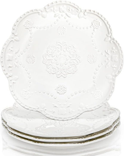 Tebery Set of 4 Ceramic Dinner Plate, 10.5 Inch Large Embossed Lace Salad by Tebery