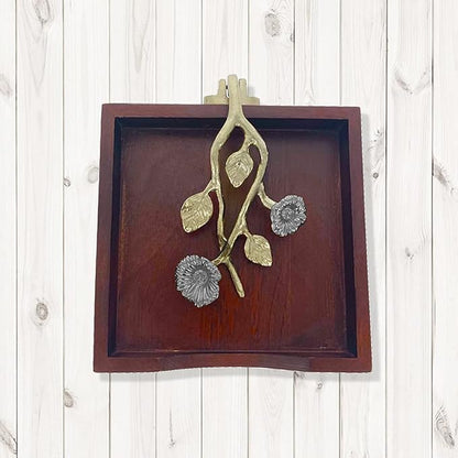 Napkin Holder - Solid Wood Brown Finish Home Decor & Kitchen Decor Table Countertop Serviette & Tissue Holder with Metal Ornament Arm in Silver Gold Finish - Indoor and Outdoor Use - Floral Design