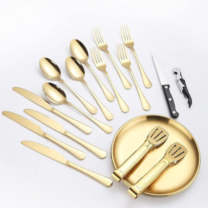 Picnic Dishes Utensils Gold Camping Flatware Set for 4 Portable Dinnerware Plates Silverware Forks Spoons knives Bottle Opener Food Tongs Complete Kit with Zipper Bag