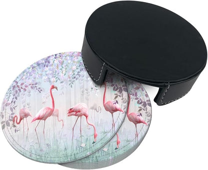 6 Pcs Pink Cute Flamingo Modern Art Boho Leather Coasters - Image 4