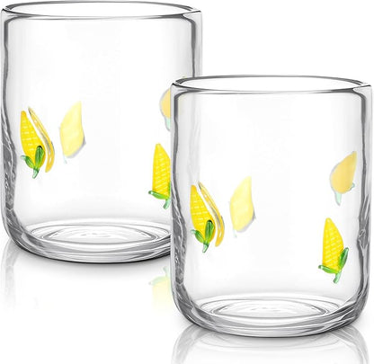 Icon Juice Glasses, 14oz Stemless Wine Drinking Juice Glass Cup for Valentine Party Supplies Gift(2 Pcs,Corn)