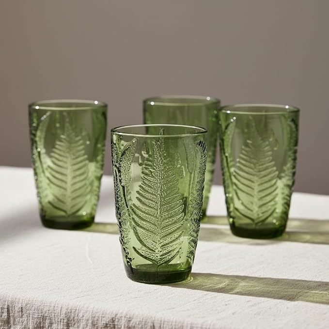 Green Drinking Glasses Set of 8, 12 oz Glass Cups, Vintage Fern Glassware | - Image 2
