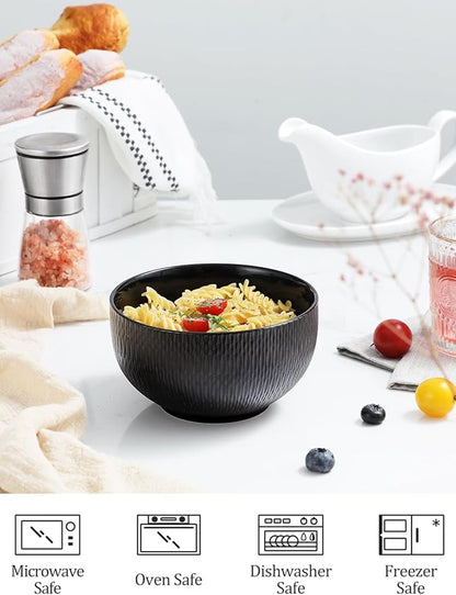 Yedio Black Ceramic Bowls Set of 4, 38 oz Porcelain Large Bowl for Kitchen, Cereal, Soup, Dessert, Rice, Snack, Fruits, Ice Cream, Noodle,Breakfast, Microwave Dishwasher Freezer Oven Safe