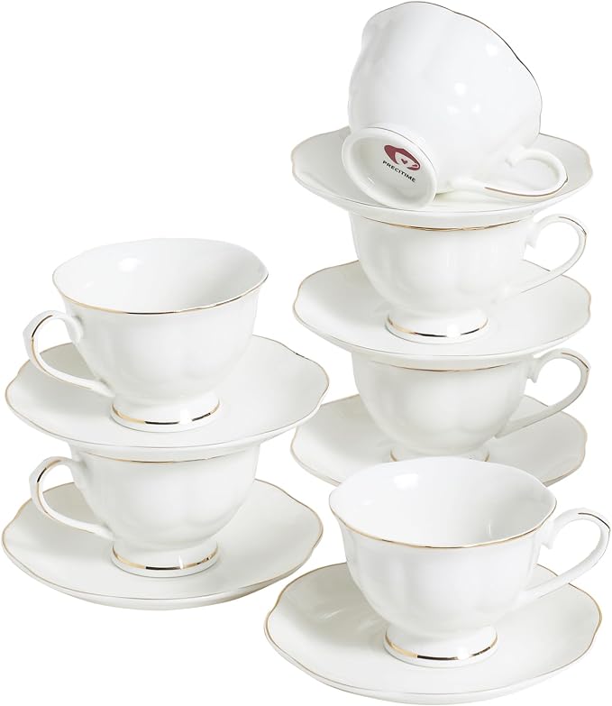 6oz Porcelain Tea Cup & Saucer Set of 6, Party | Elegant white ceramic by PRECITIME