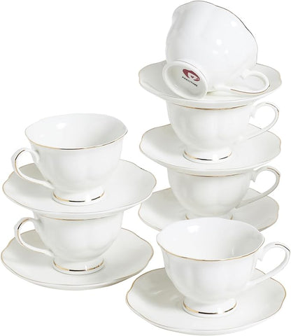 6oz Porcelain Tea Cup & Saucer Set of 6, Party | Elegant white ceramic by PRECITIME