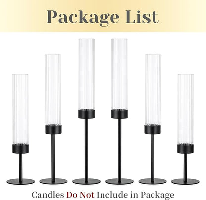 Hewory Black Taper Candle Holders: Candlestick Holders Set of 6 Hurricane Glass Tall Candle Holder for Candlesticks Candle Sticks Holder Decor for Table Centerpiece Wedding Party Christmas Decorations