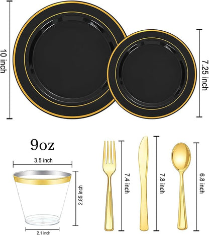 bUCLA 150 Pieces Black and Gold Disposable Dinnerware Set - Image 2