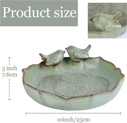 Ceramic Bird Bath Bowl with Perched Birds - Premium Outdoor Tabletop Birdbath Basin in Weather-Resistant Glaze - Usable on Ground, Deck or Tabletop