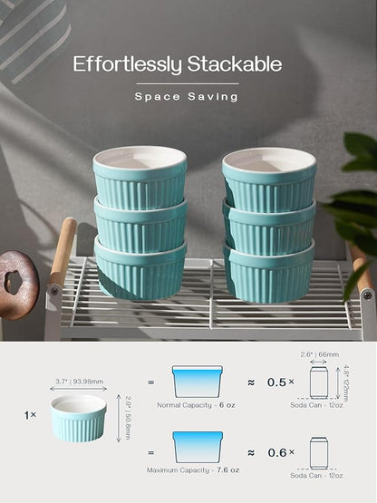 DOWAN Ramekins 6 oz Oven Safe - 6 oz Ramekins for Creme Brulee Souffle, Porcelain Ramekins for Baking, Classic Style Ramekins Bowls, Set of 6, Blue