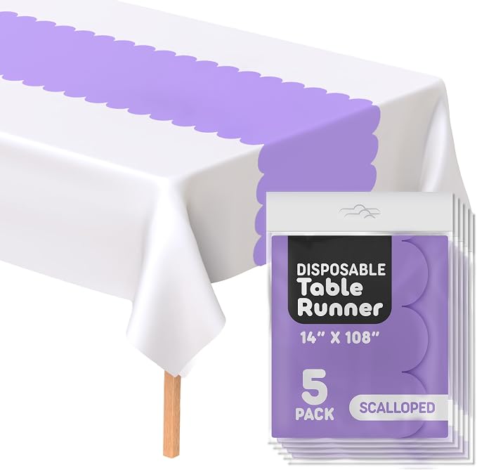 Lavender Plastic Disposable Table Runner. 5 Pack 14 x 108 inch. Scallop Table - Image 9
