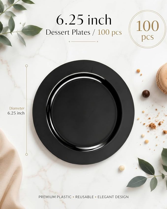 bUCLA 100 Pieces Black Plastic Plates - Image 2