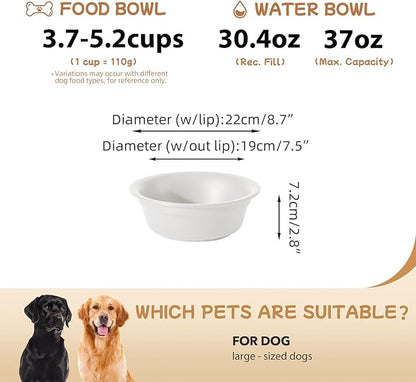 Ceramic 8.7inch Dog Bowl for Large Dogs, Basic 4 Cup Food or 37oz Water Bowl for Replacement, Wide Opening Rounded Edge(Single Bowls, Matt White)