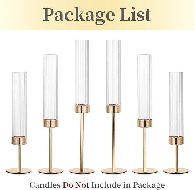 Hewory Gold Taper Candle Holders: Candlestick Holders Set of 6 Hurricane Glass Tall Candle Holder for Candlesticks Candle Sticks Holder Decor for Table Centerpiece Wedding Party Christmas Decorations