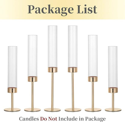 Hewory Gold Taper Candle Holders: Candlestick Holders Set of 6 Hurricane Glass Tall Candle Holder for Candlesticks Candle Sticks Holder Decor for Table Centerpiece Wedding Party Christmas Decorations