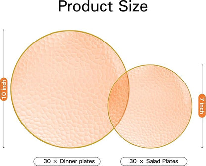 Rubtlamp 60Pcs Orange Plastic Plates, Orange Disposable Plates With Gold Rim, Hammered Plastic Plates Include 30 Dessert Platos, 30 Dinner Platos for Party