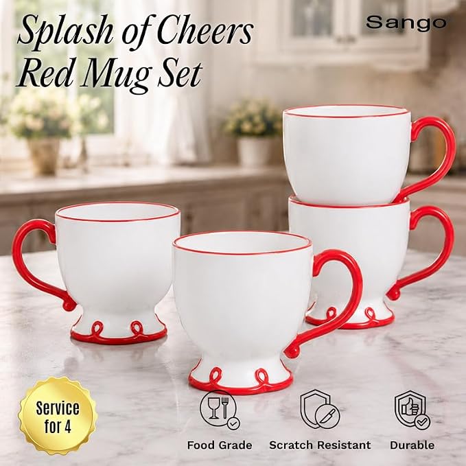 SANGO Splash of Cheers Large Mugs Set of 4, 16 oz Stoneware Red and White - Image 2