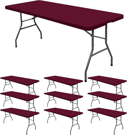10 Pack Fitted Tablecloth for 6 Foot Rectangle Tables, Wine Red Elastic Outdoor Picnic Table Cover, Washable Stretch Folding Table Cloths 6 ft for Camping Party Patio Kitchen Banquet, 30" W x 72" L