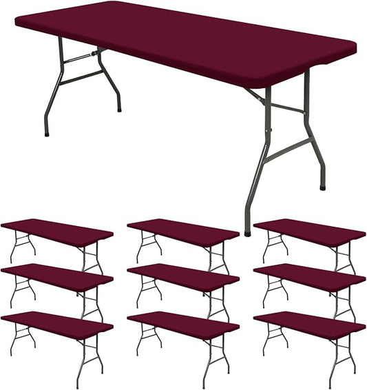 10 Pack Fitted Tablecloth for 8 Foot Rectangle Tables, Wine Red Elastic Outdoor Picnic Table Cover, Washable Stretch Folding Table Cloths 8 ft for Camping Party Patio Kitchen Banquet, 30" W x 96" L