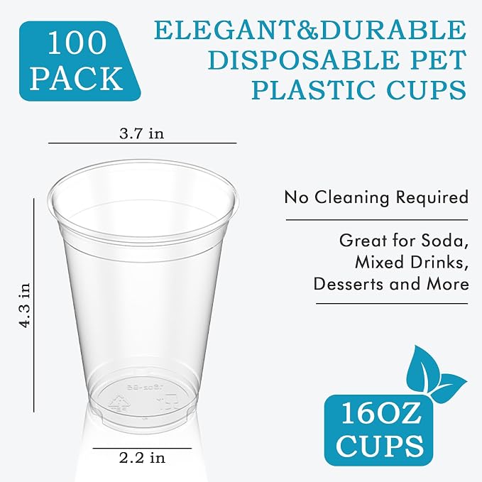 Turbo Bee 100 Pack 16 OZ Clear Plastic Cups, Disposable Crystal Plastic Party - Image 3