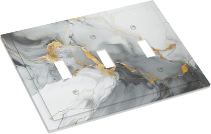 Light Switch Cover Gray/Gold Marble Abstract Modern Luxury 3 Gang Wall Plate Triple Light Switch Plate Toggle Decorative Outlet Covers Electrical Switchplate for Bathroom Bedroom Decor