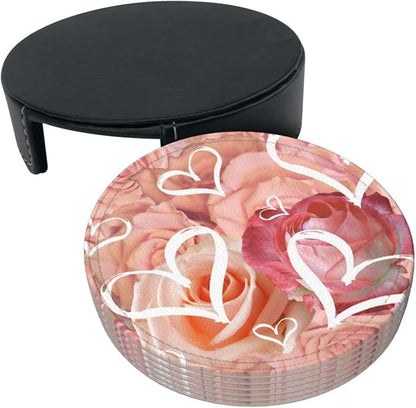 Drink Coasters with Holder Stand Set of 6, Heart Pink Rose Flower Pu Leather - Image 9