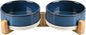 SPUNKYJUNKY Ceramic Dog and Cat Bowl Set with Wooden Stand, Modern Cute Weighted Food Water Bowl Set for Small Size Dogs (1.7 Cups, 2 × Pattern Blue)