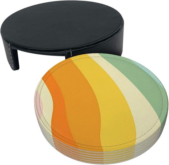 6 Pcs Groovy Retro 70s Style Cute Abstract Leather Coasters - Image 3