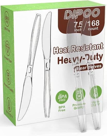 Dipoo 168pc 7.5" Clear Plastic Knives Heavy Duty Upgraded Heat Resistant & BPA by Dipoo