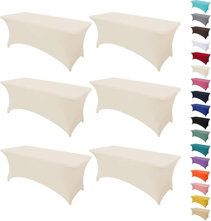 6Pack 6FT Table Cloth for Rectangular Fitted Events Stretch Cream Table Covers Washable Spandex Tablecloth Protector for Party, Wedding, Cocktail, Banquet, Festival