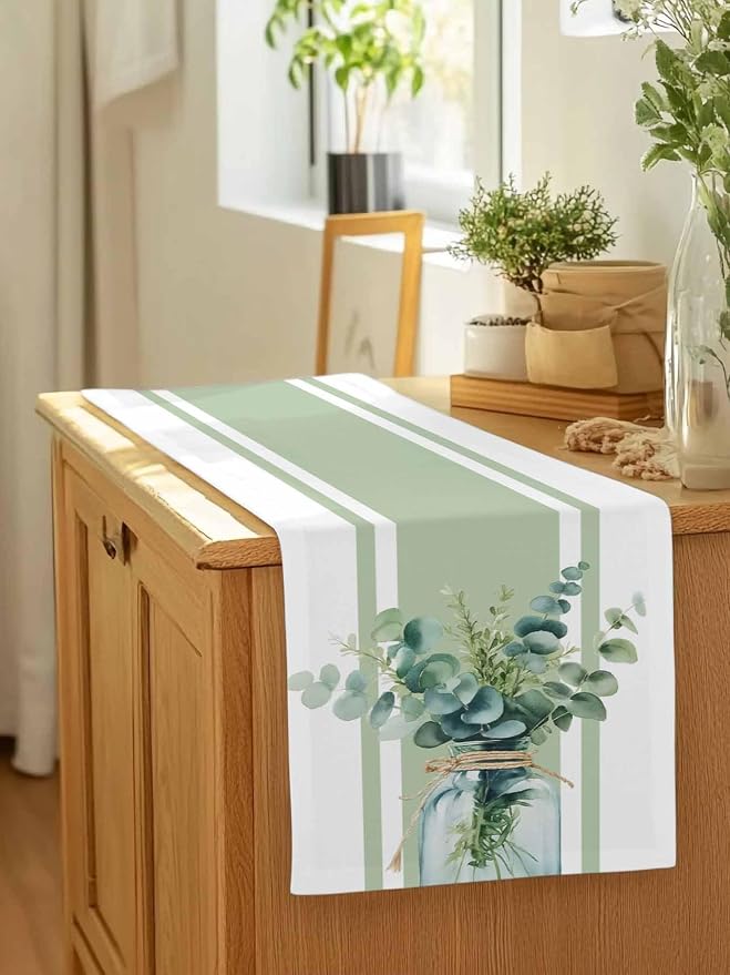 Sage Green Eucalyptus Leaves Table Runners 90 Inches Long, Farmhouse Stripe - Image 7
