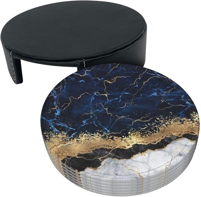 6 Pcs Gold Navy Blue Marble Leather Coasters - Image 4