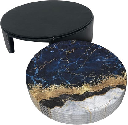 6 Pcs Gold Navy Blue Marble Leather Coasters - Image 4