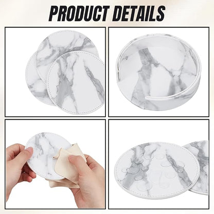 6PCS White Marble Non Slip PU Leather Coasters - Image 5