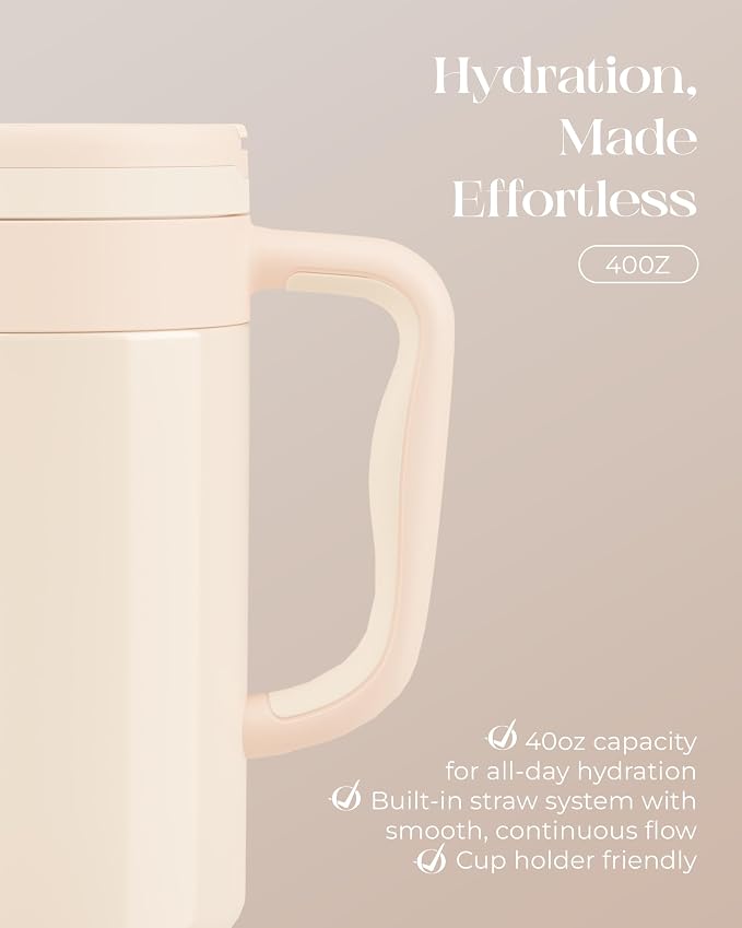 40 oz Insulated Tumbler with Handle and Push-Button Straw Lid, Stainless Steel - Image 5