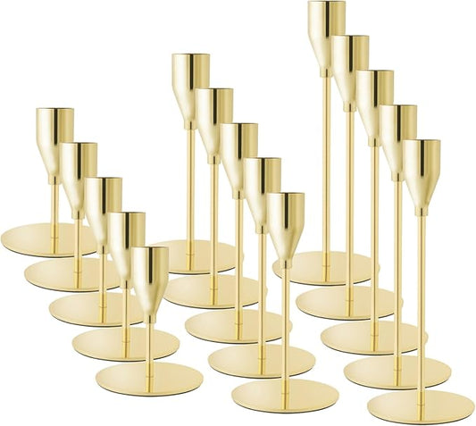 Gold Taper Candle Holders for Wedding Table Centerpiece,Tall Taper Candlestick Holders Bulk Set of 15,Metal Candle Stick Holder for Table or Mantel Centerpiece,Dinning,Festival,Party Home Decor