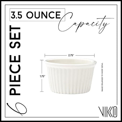 Vikko White Ramekin, Set of 6 Fine Porcelain Ramekins, Stackable 3 Inch Bowls, 3.5 Ounce Dips Dish, Dishwasher Safe
