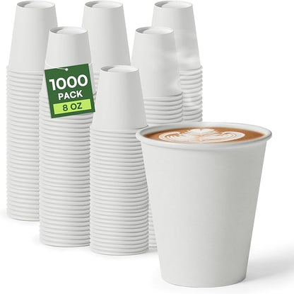 Paper Cups 8 oz Disposable Coffee Cups, 1000 Pack Thickened Disposable Hot Cups, 300GSM BPA Free Small Disposable Cups, White Paper Cups Bulk for Home Office Cafe Coffee Bar Supplies Party Essentials