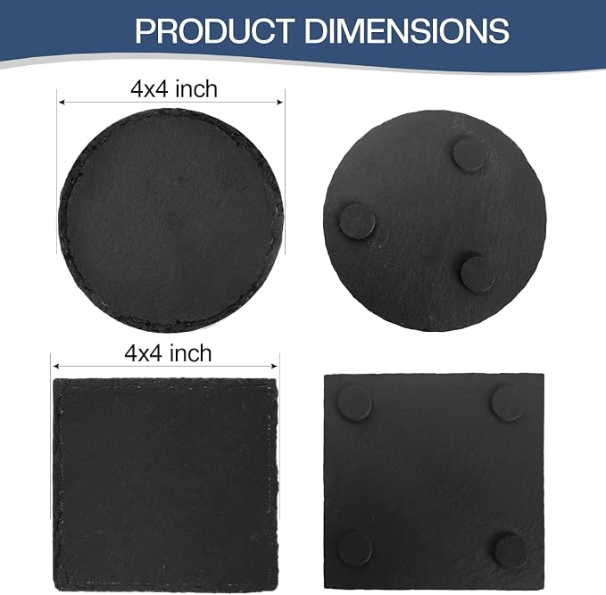 24 Pcs Slate Coasters, 4 inch Black Stone Coaster Set, Square，Round | Perfect - Image 2