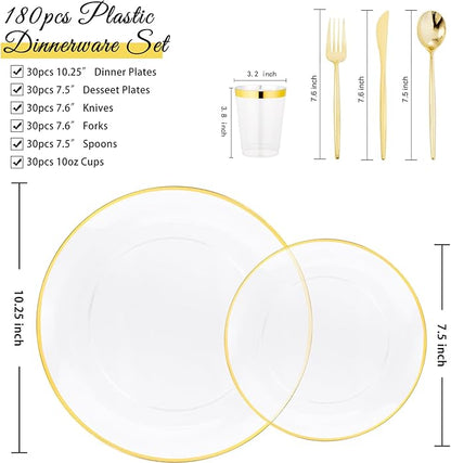 EI 180pcs Gold Plastic Plates,Clear Plates with Gold Trim,Plastic Plate for Party,Clear Dinnerware Set Silverware Cups for Baby Shower,Wedding,Spring Afternoon Tea