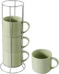 HASENSE Coffee Mugs Set with rack, 15 Ounce Porcelain Stackable Large Coffee Cups Set of 4 with handle for Drinks Like Tea, Cappuccino, Milk, Mocha and Cereal, Microwave & Dishwasher Safe, Green