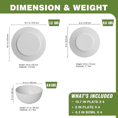 Yoshy 12-Piece White Bone China Dinnerware with Lightweight Durable Chip Resistant Design Service for 4 (12 Piece - Service for 4, Streamsong)