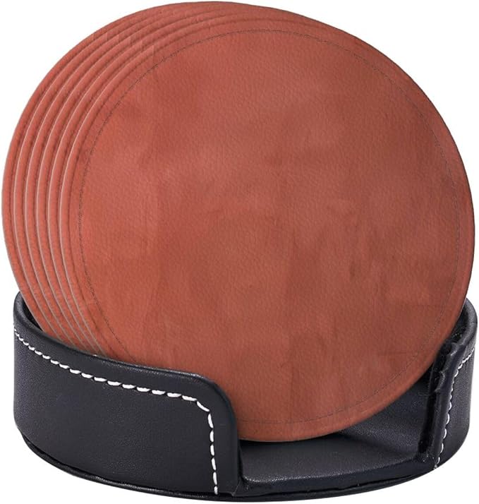 6 Pcs Burnt Orange Leather Coasters - Image 6